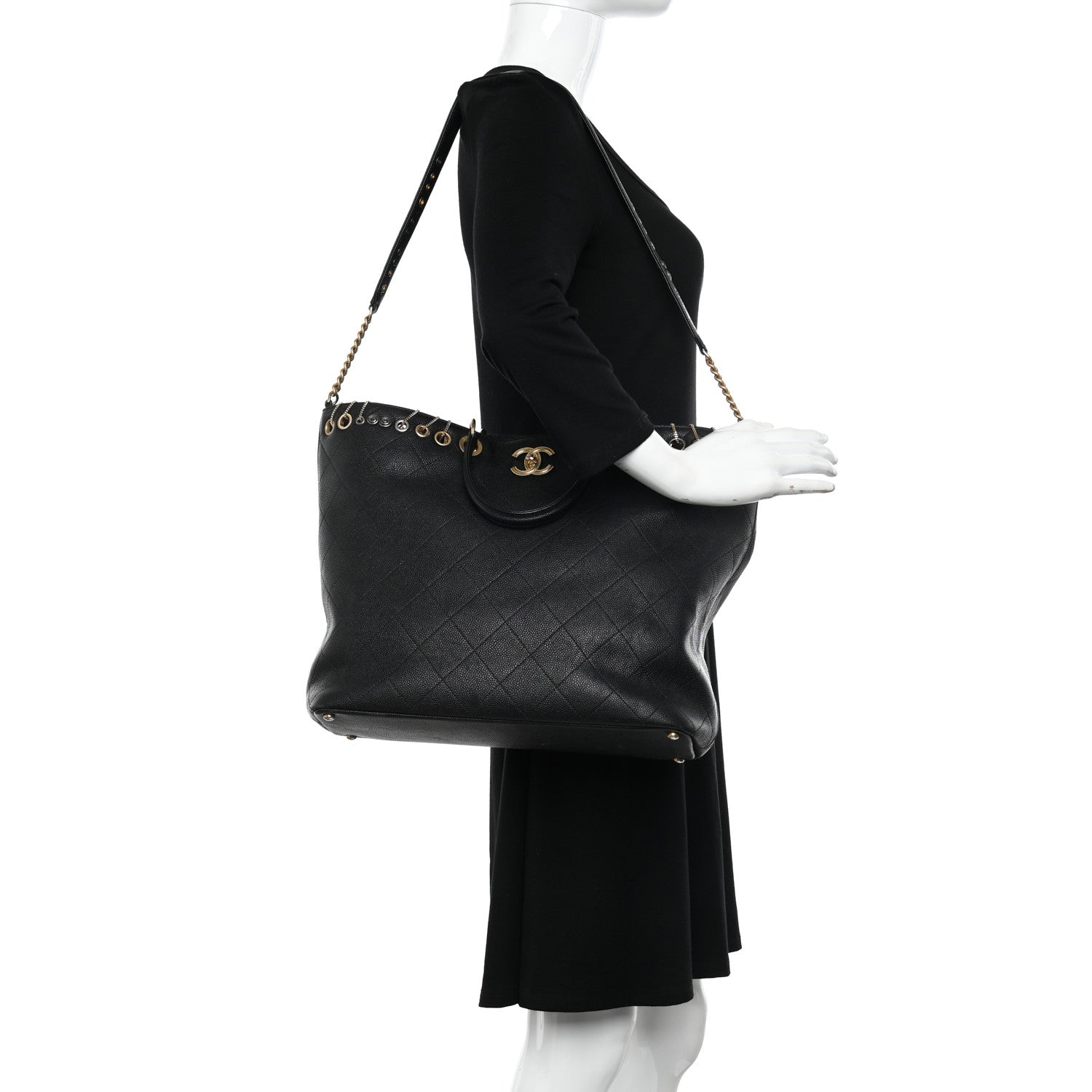 Chanel Caviar Quilted Grommet Embellished Piercing Chic Tote Bag Black 2 of 11