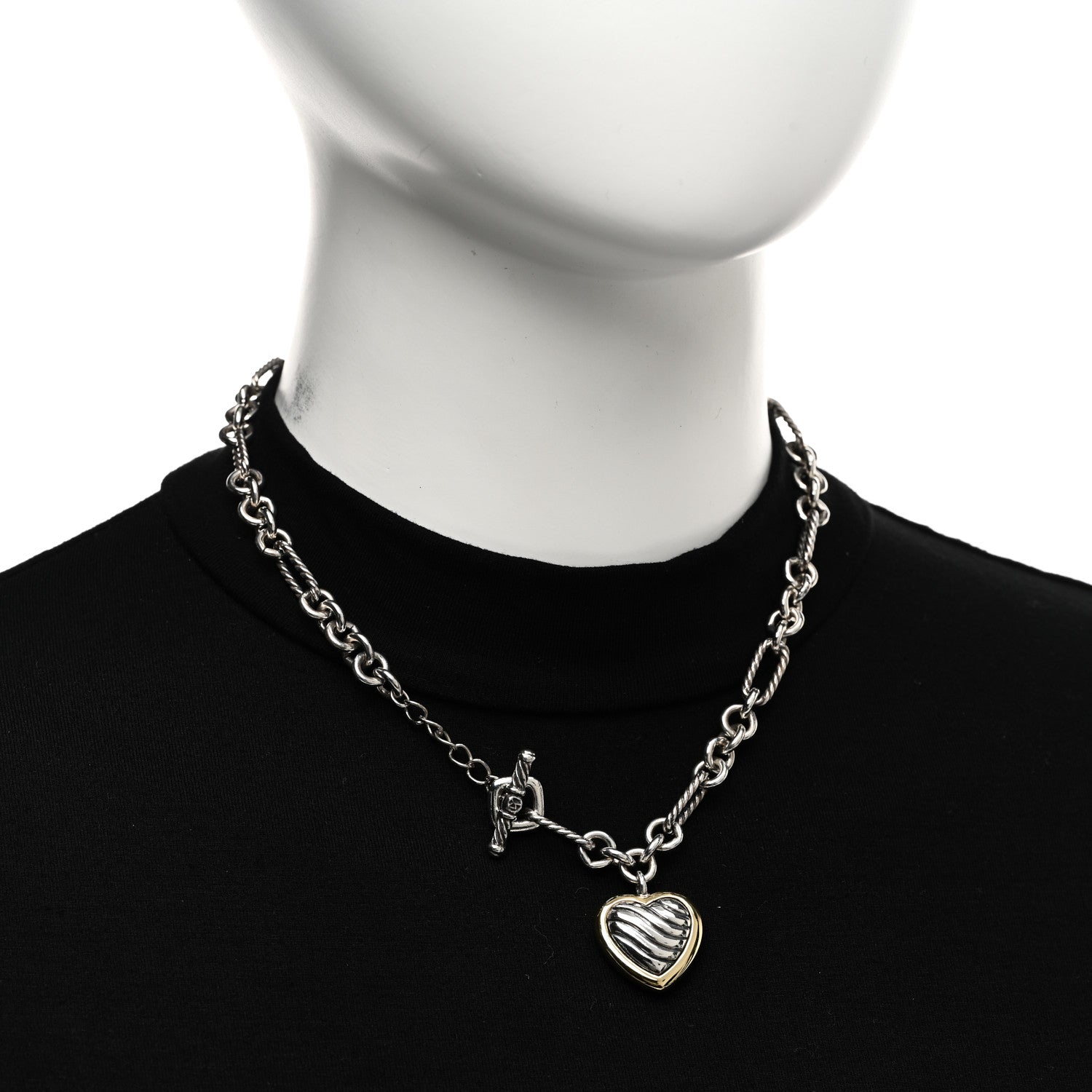 David Yurman Sterling Silver 18K Yellow Gold Cable Heart Figaro Necklace 2 of 5