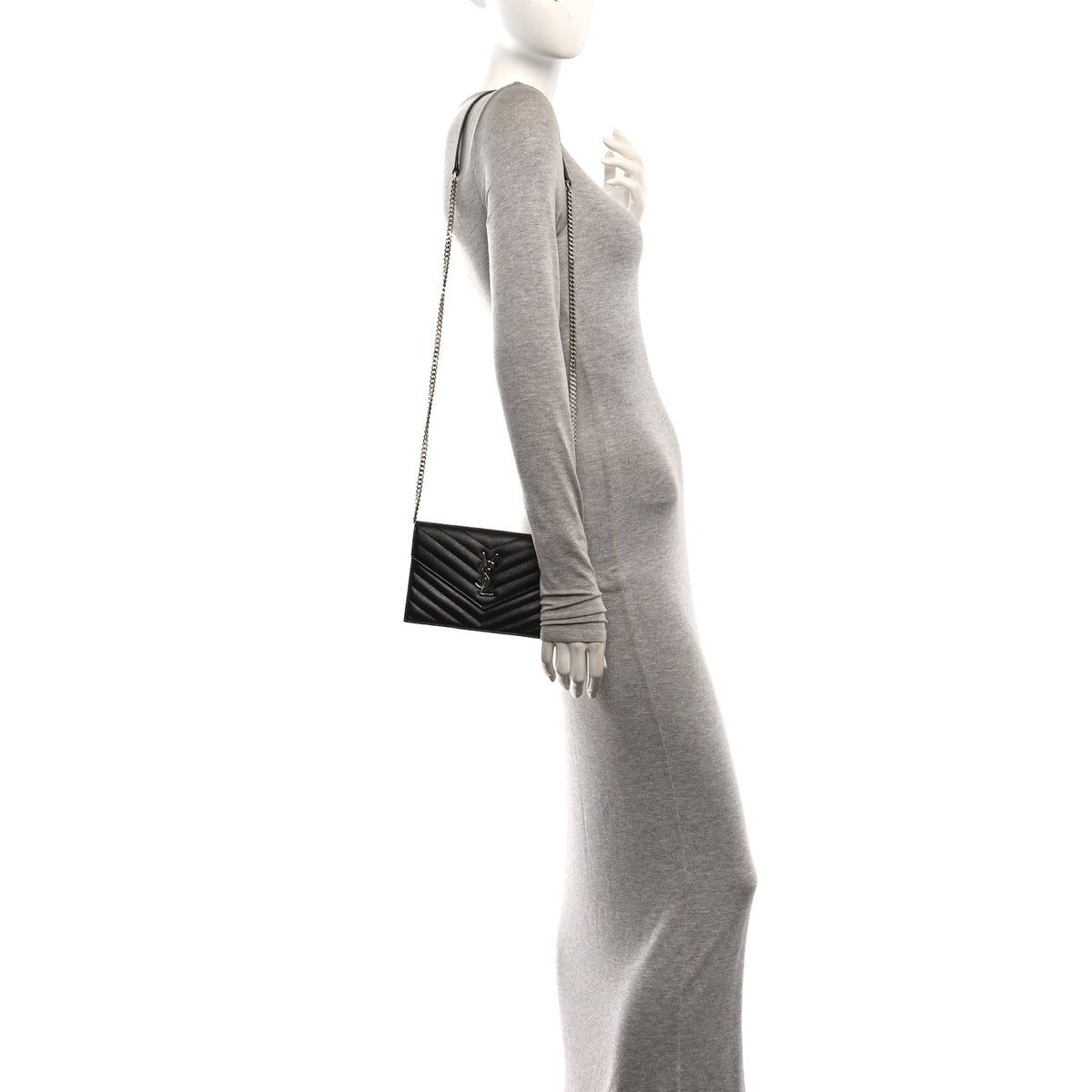 Saint Laurent Grain De Poudre Matelasse Chevron Monogram Envelope Chain Wallet Black 2 of 10