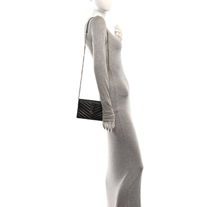Saint Laurent Grain De Poudre Matelasse Chevron Monogram Envelope Chain Wallet Black 2 of 10