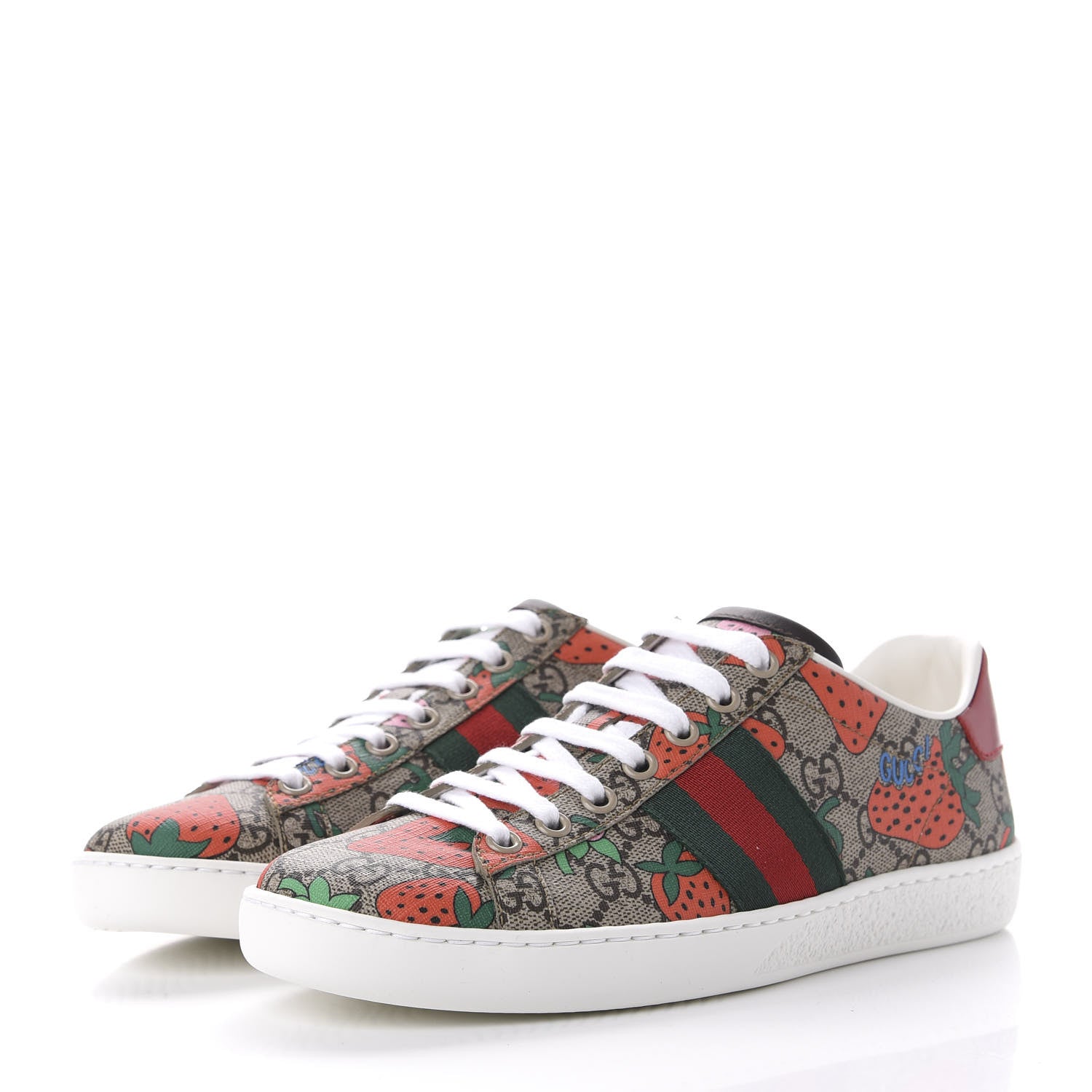 Gucci GG Supreme Monogram Strawberry Web Womens Ace Sneakers 36 Beige Multicolor Red Green 3 of 10