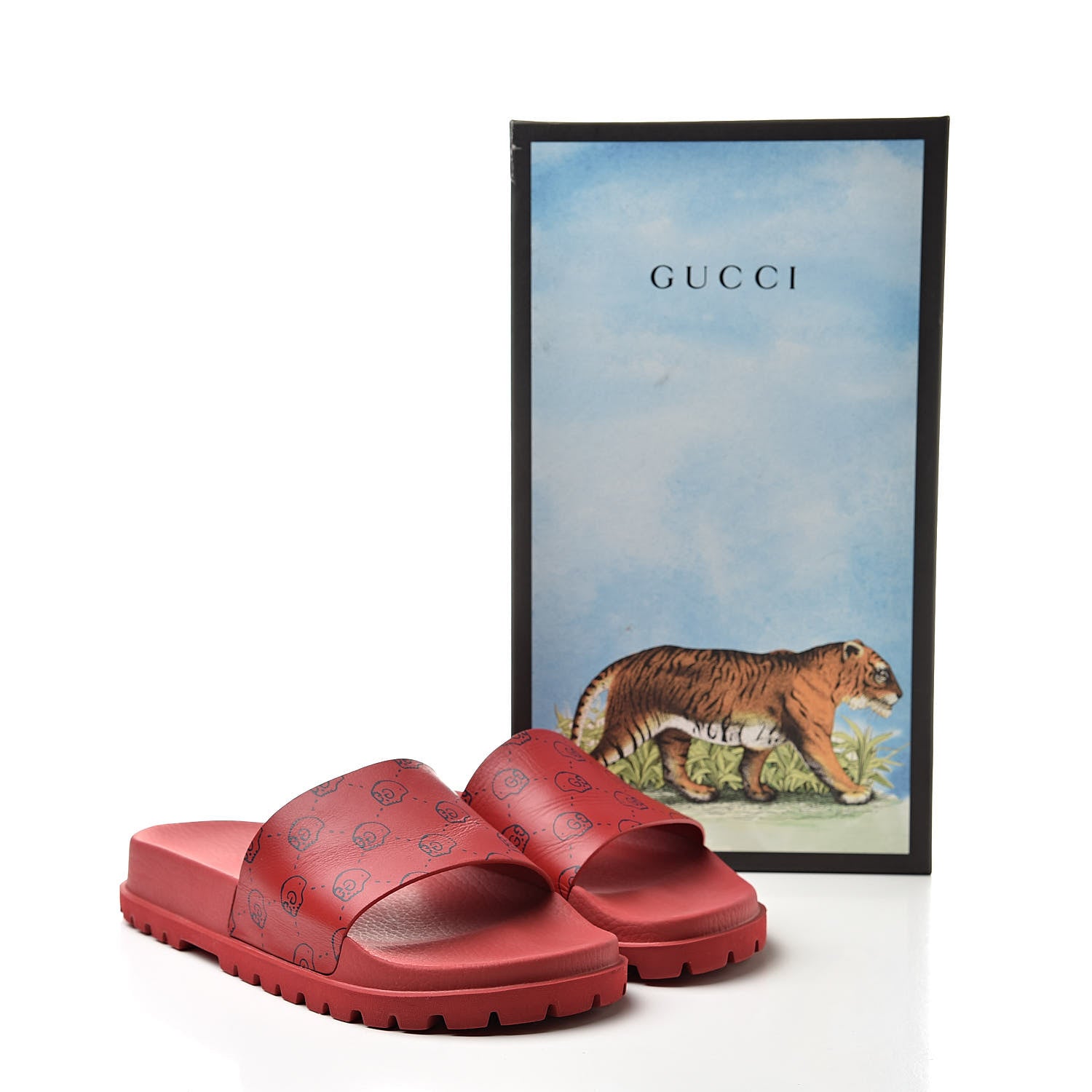 Gucci Calfskin Rubber GucciGhost Hamlet Skull Mens Lug Sole Slide Sandals 7 Hibiscus Red Blue Agata 8 of 8