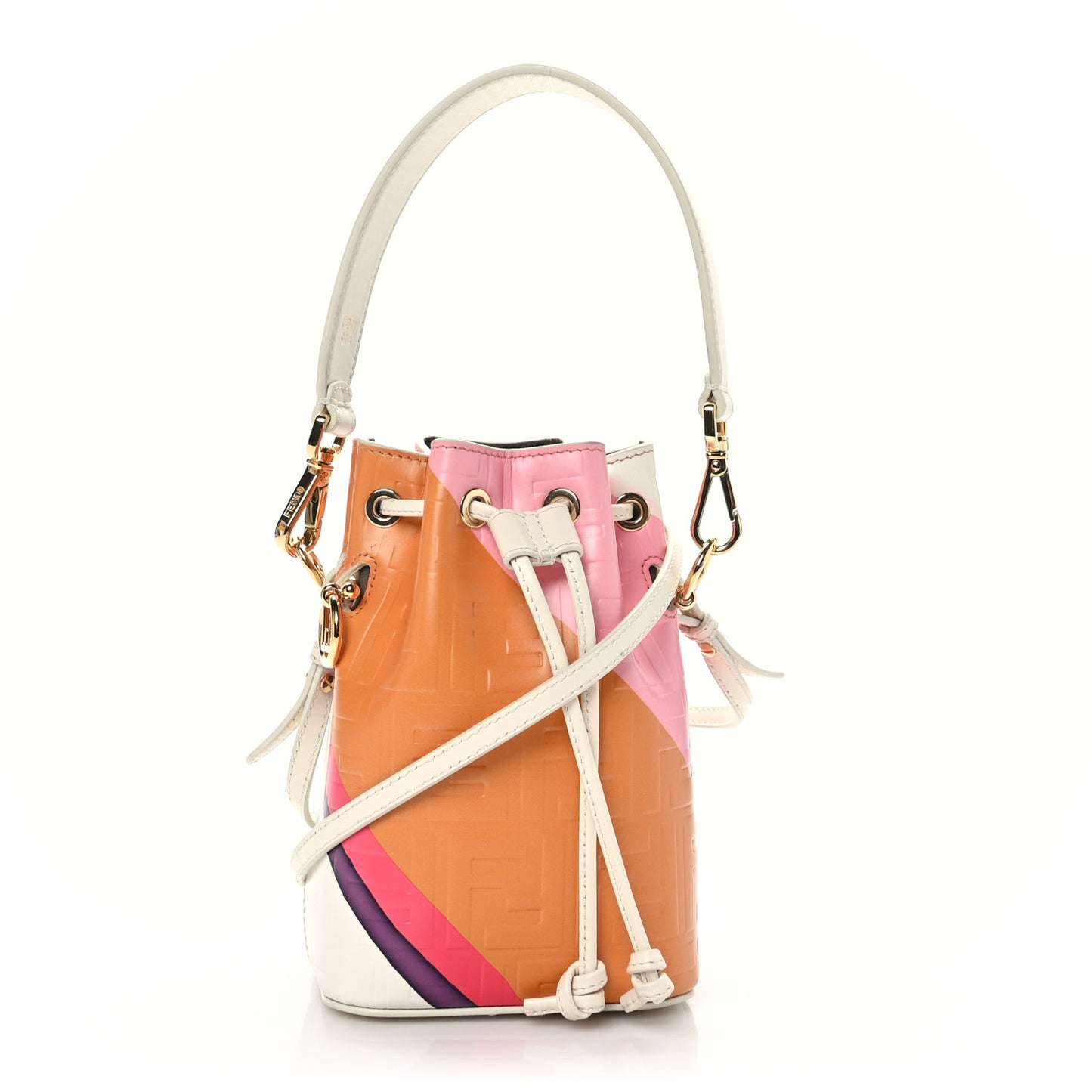Vitello King F is Fendi FF Embossed Striped Mini Mon Tresor Bucket Bag Light Rose Multicolor White Ice