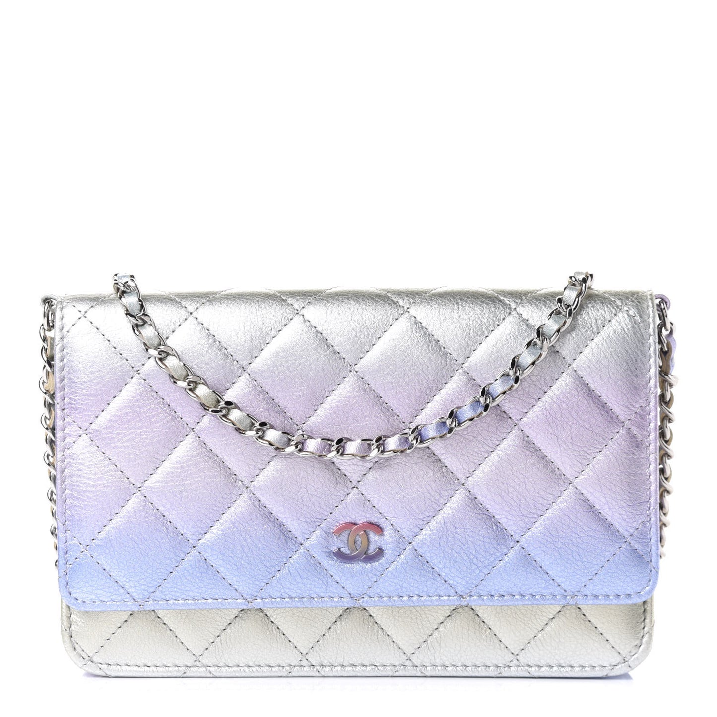 Gradient Metallic Calfskin Quilted Wallet On Chain WOC Silver Blue Yellow Purple