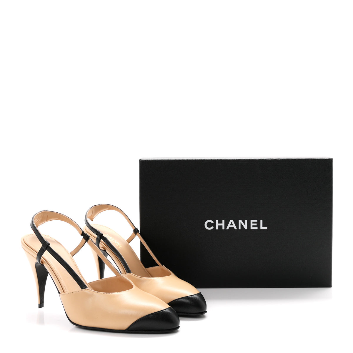 Lambskin CC Slingback Pumps 39 Beige Black