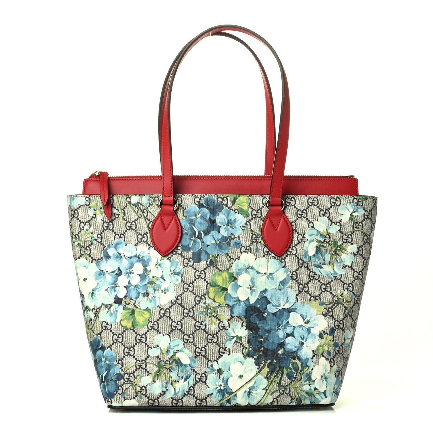 GG Supreme Monogram Blooms Medium Zippered Bucket Tote Beige Blue Navy Hibiscus Red