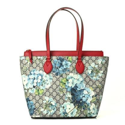 Gucci GG Supreme Monogram Blooms Medium Zippered Bucket Tote Beige Blue Navy Hibiscus Red 1 of 5
