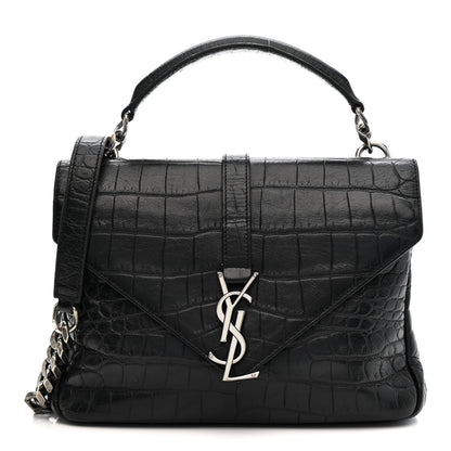 Saint Laurent Calfskin Crocodile Embossed Medium College Monogram Satchel Black 1 of 11
