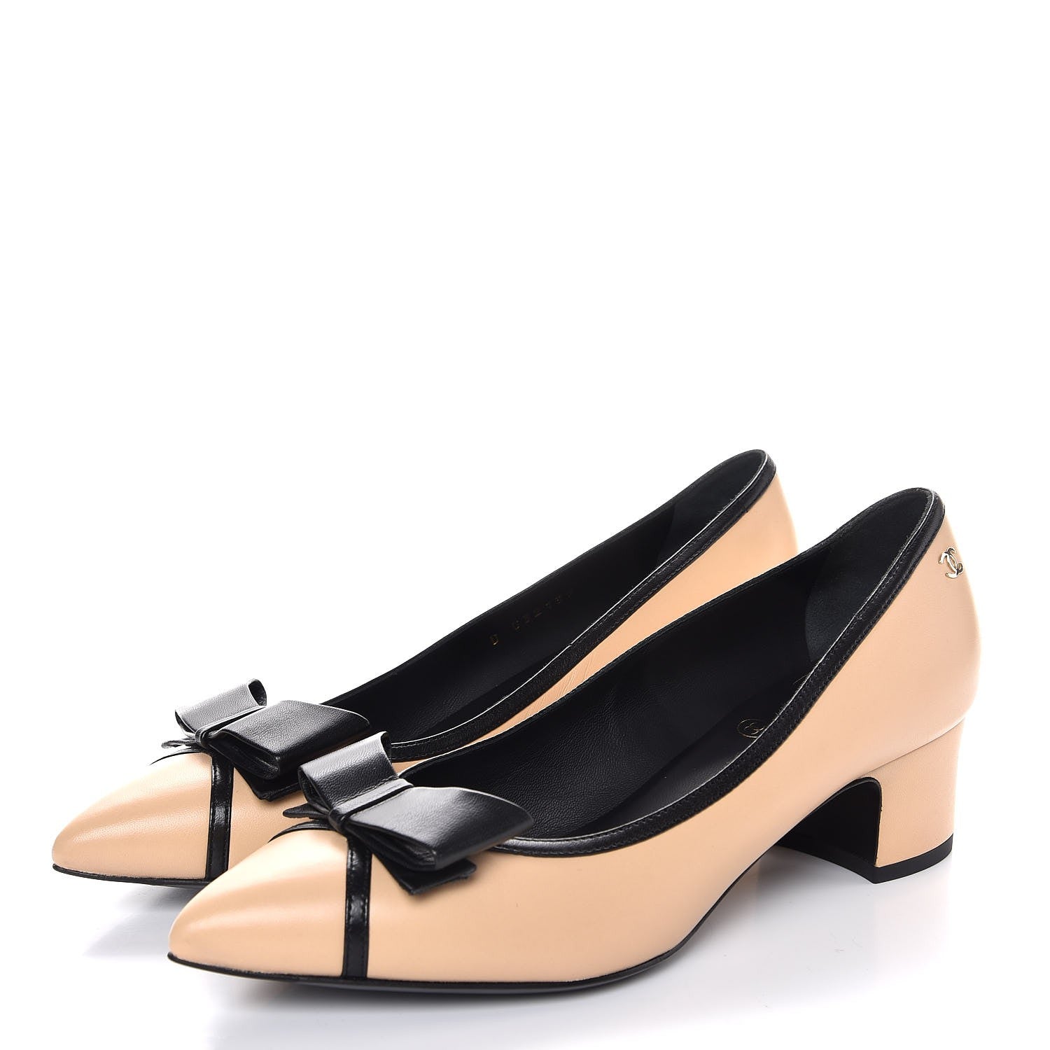 Chanel Lambskin Bow Pointed Toe Pumps 37 Beige Black 3 of 11