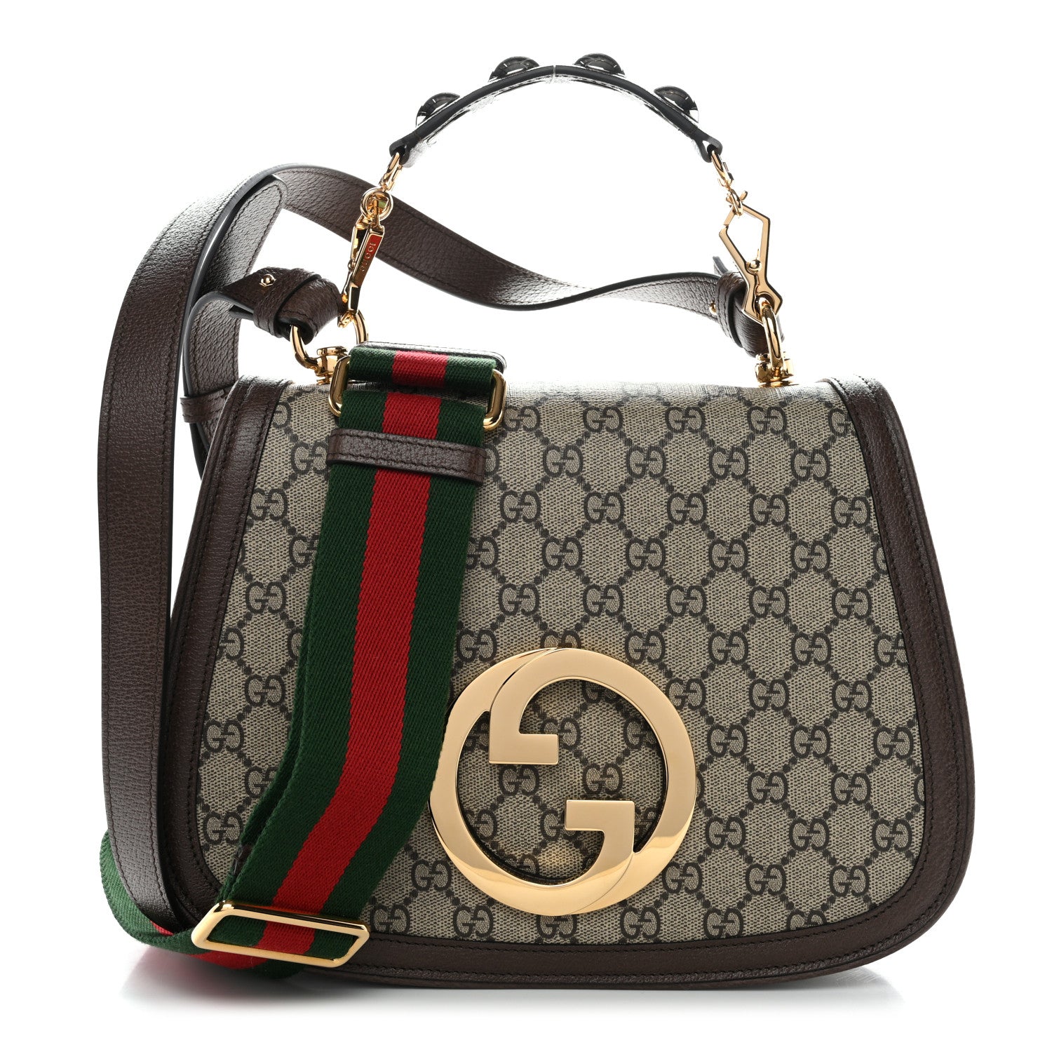 Gucci GG Supreme Monogram Textured Dollar Calfskin Web Medium Blondie Top Handle Shoulder Flap Bag Beige Ebony New Acero 1 of 11