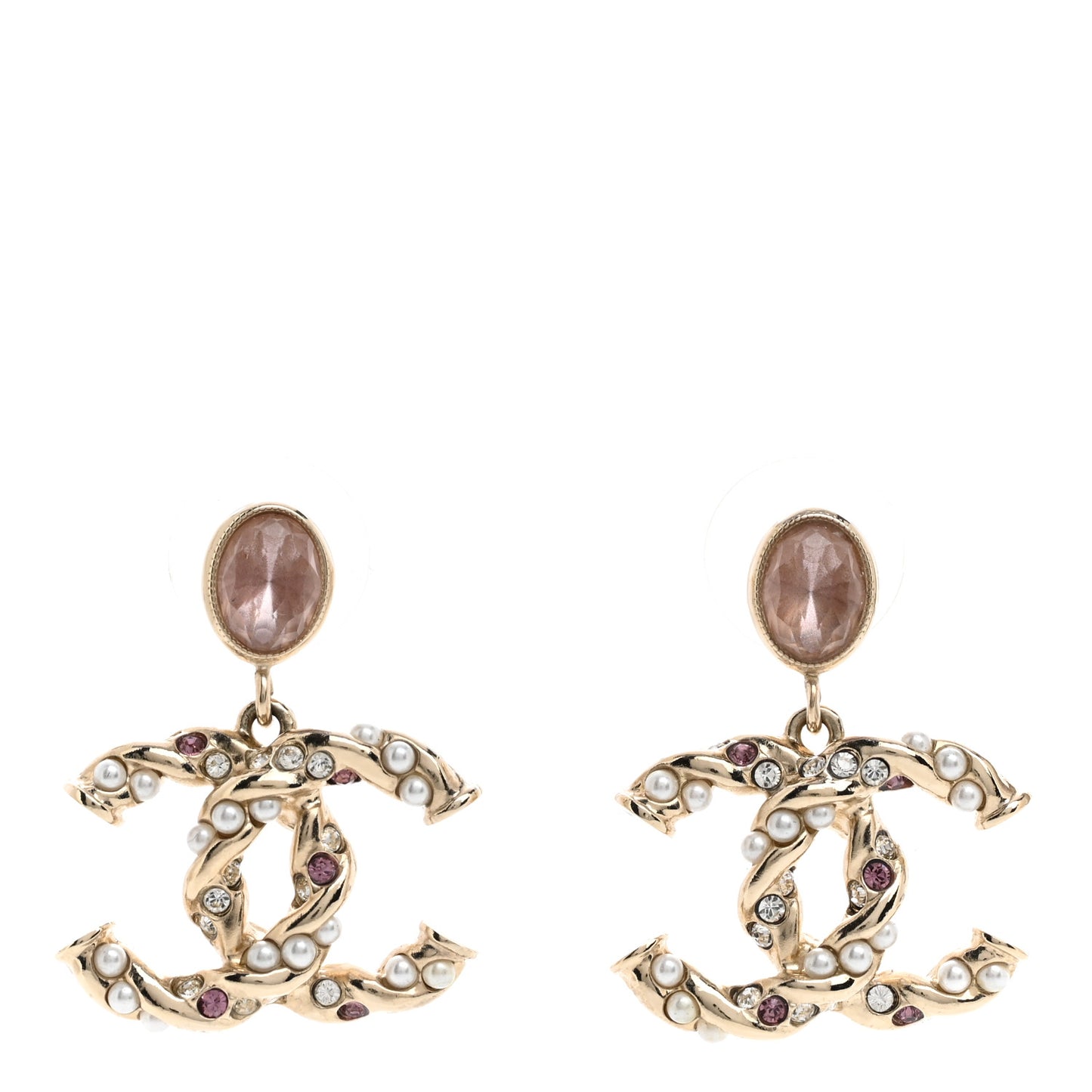 Crystal Pearl CC Drop Earrings Pink Gold