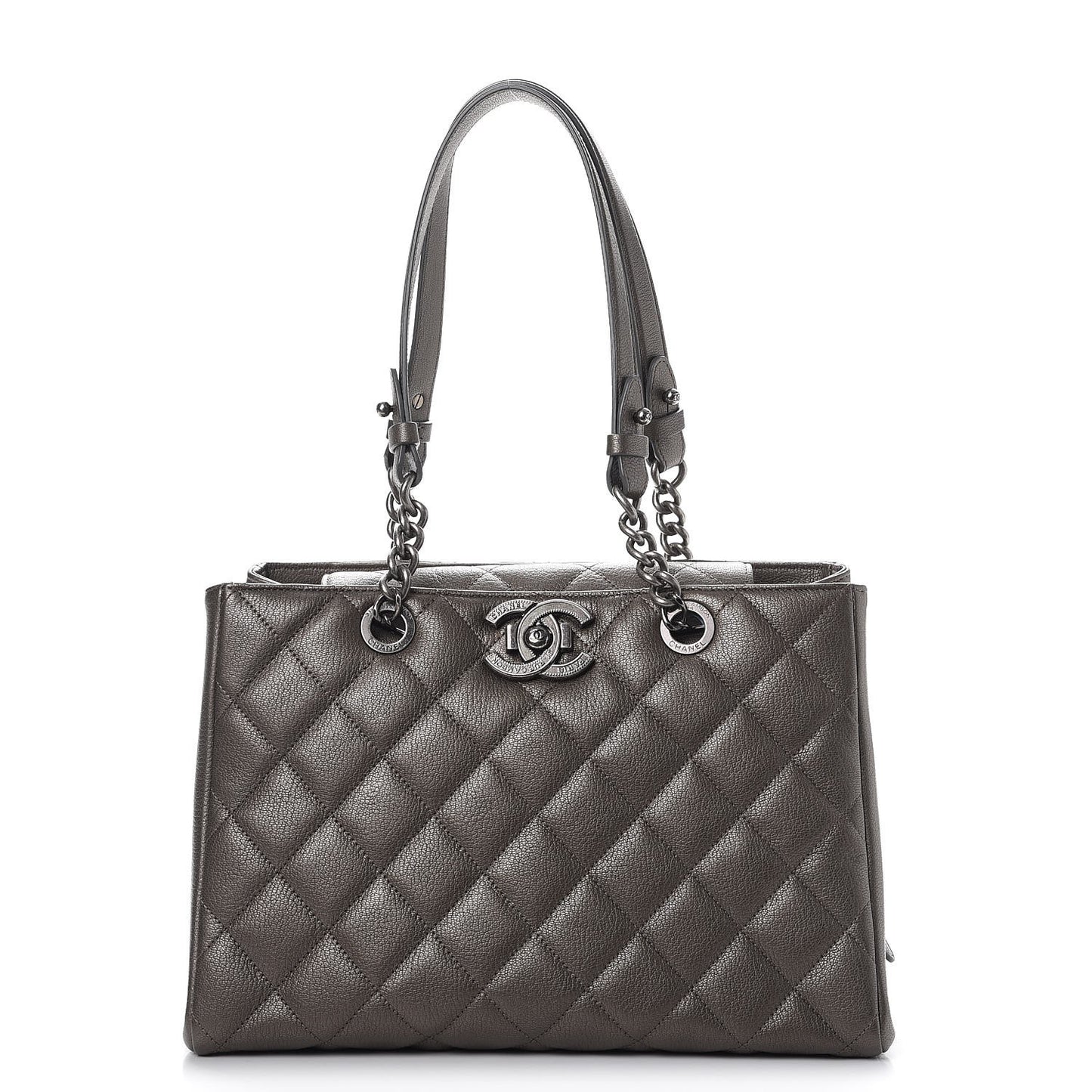Metallic Goatskin Quilted Large City Rock Shopping Bag Silver