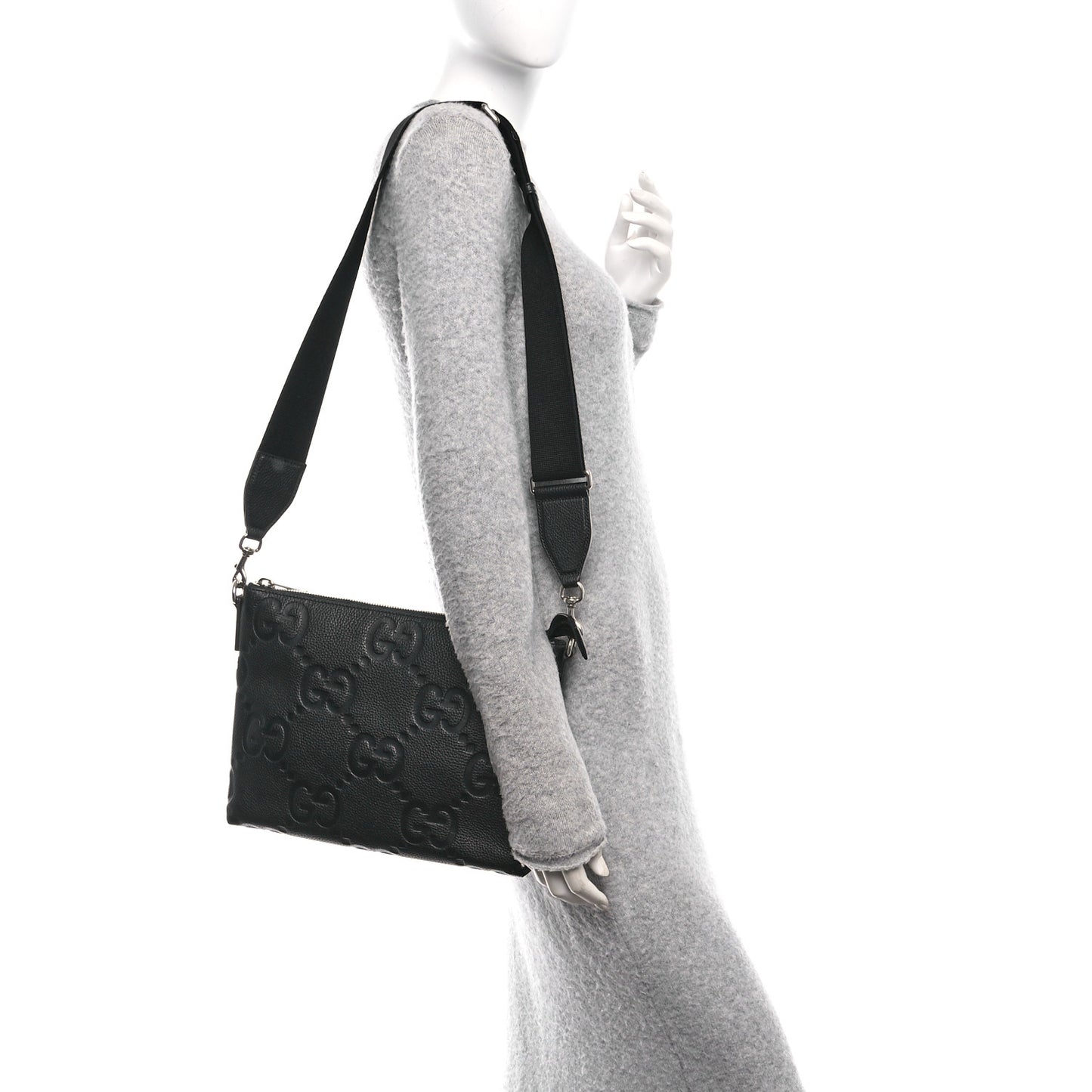 Piuma Calfskin Jumbo GG Embossed Medium Wristlet Messenger Bag Black