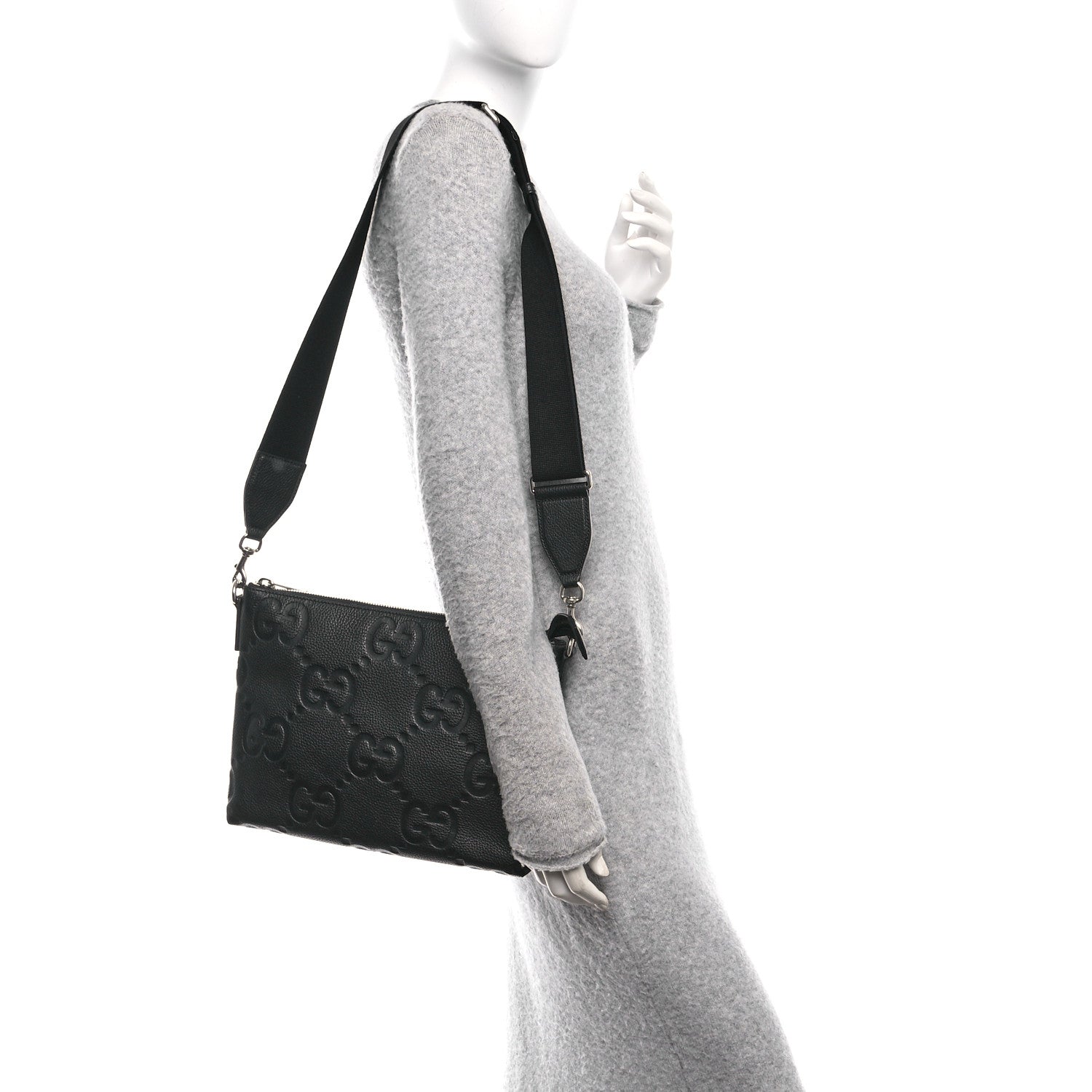 Gucci Piuma Calfskin Jumbo GG Embossed Medium Wristlet Messenger Bag Black 2 of 10