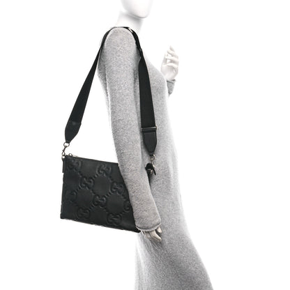 Gucci Piuma Calfskin Jumbo GG Embossed Medium Wristlet Messenger Bag Black 2 of 10