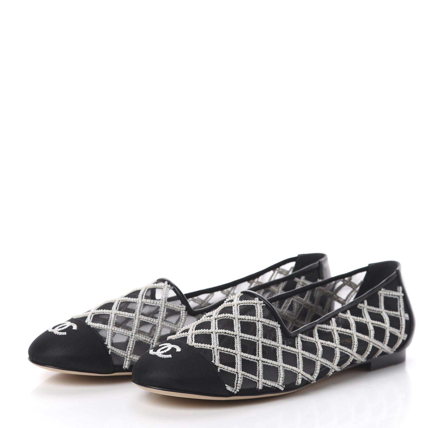 Chanel Mesh Pearl Grosgrain Cap Toe CC Loafers 40.5 Black Ivory 3 of 7