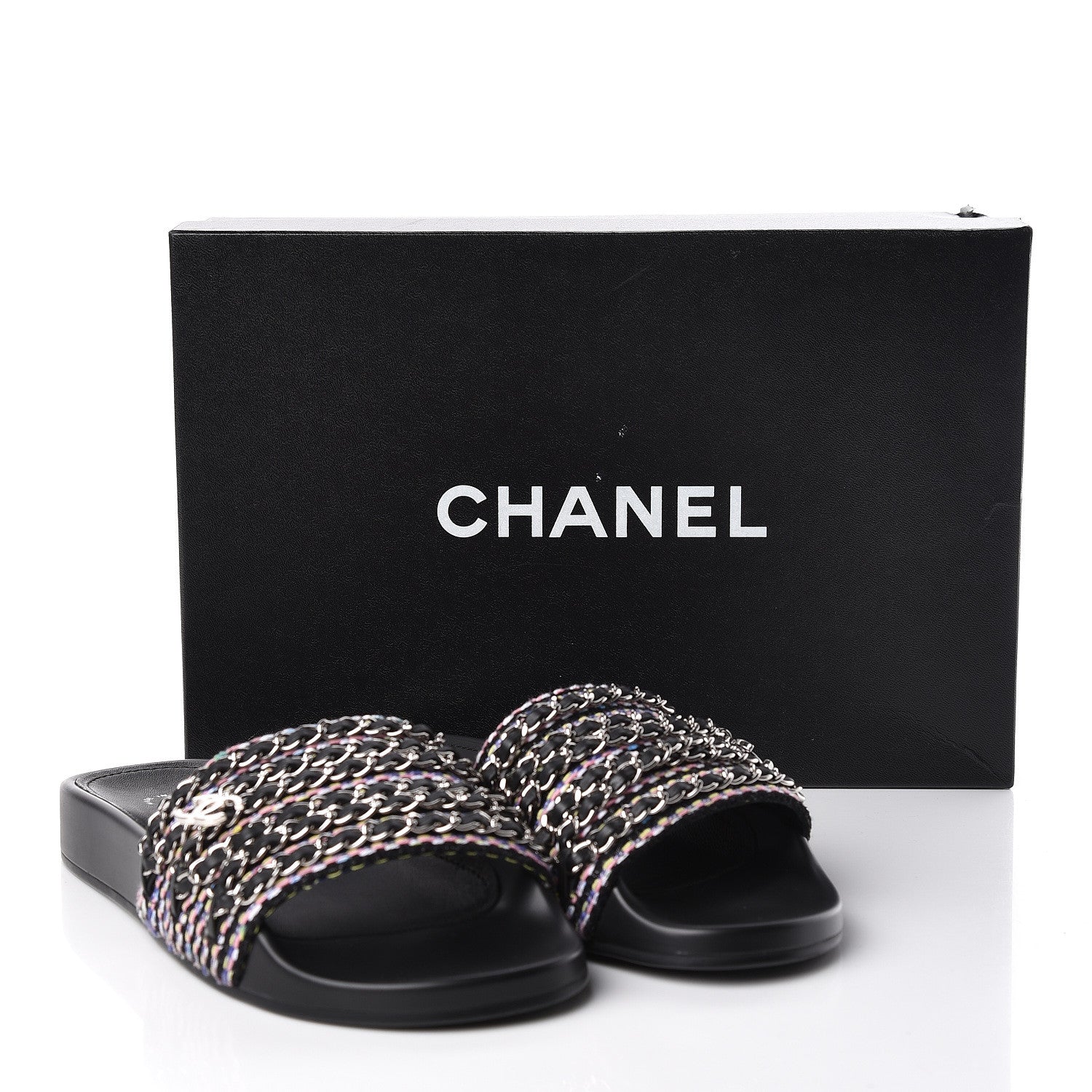 Chanel Tweed Lambskin Chain Flat Sandals 38 Black Multicolor 10 of 10