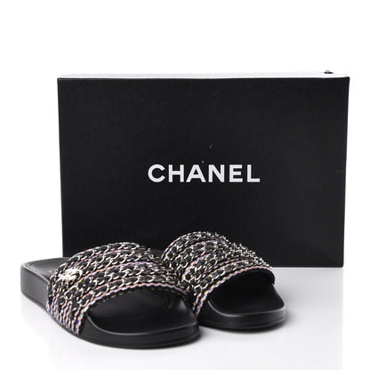 Chanel Tweed Lambskin Chain Flat Sandals 38 Black Multicolor 10 of 10