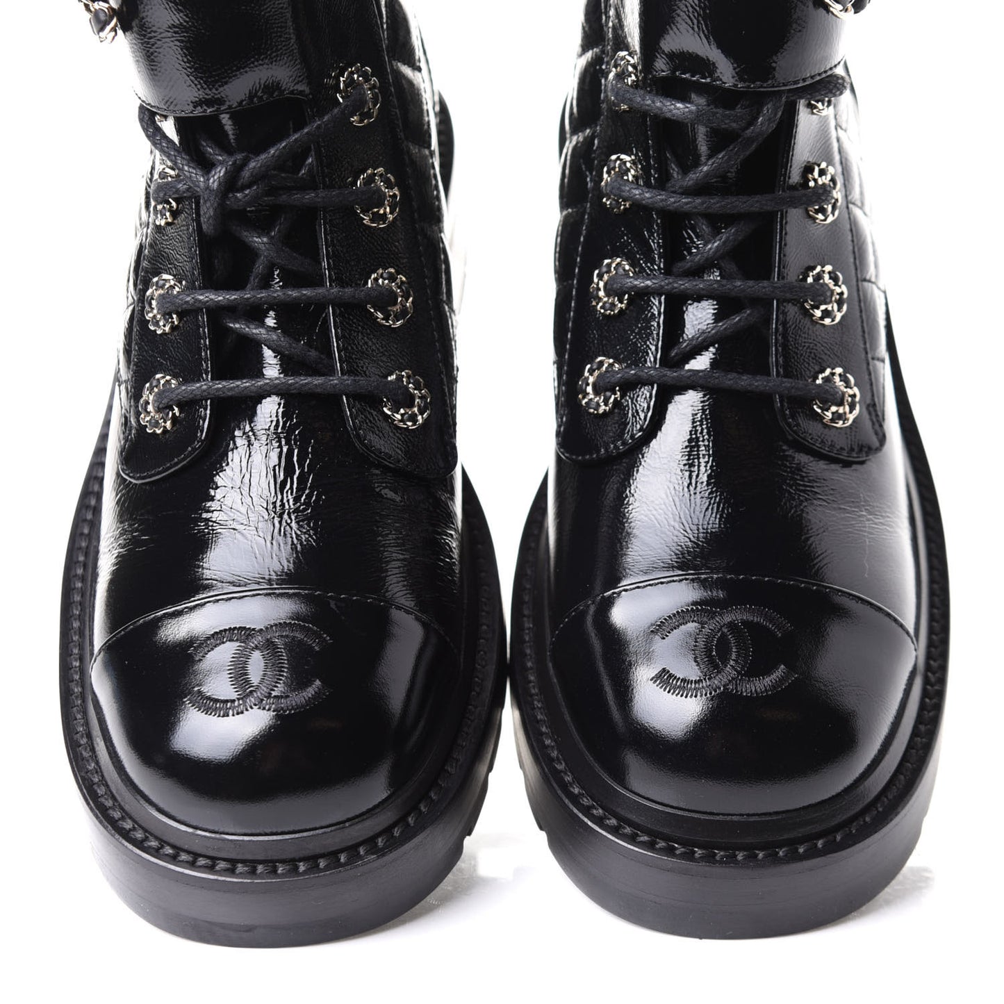 Shiny Calfskin Quilted Lace Up Combat Boots 38.5 Black