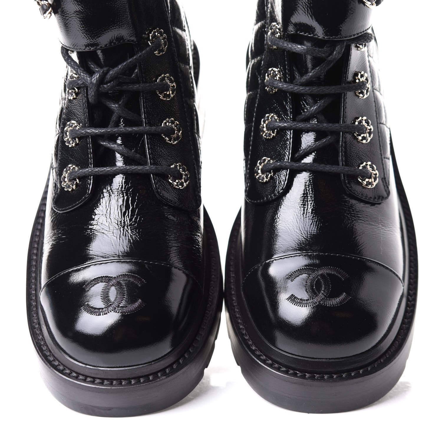 Chanel Shiny Calfskin Quilted Lace Up Combat Boots 38.5 Black 6 of 10