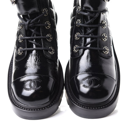 Chanel Shiny Calfskin Quilted Lace Up Combat Boots 38.5 Black 6 of 10