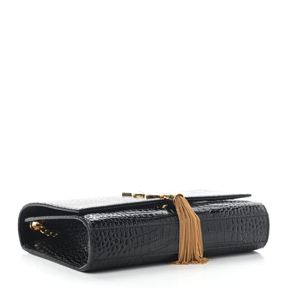 Saint Laurent Calfskin Crocodile Embossed Medium Classic Monogram Kate Tassel Satchel Black 3 of 7