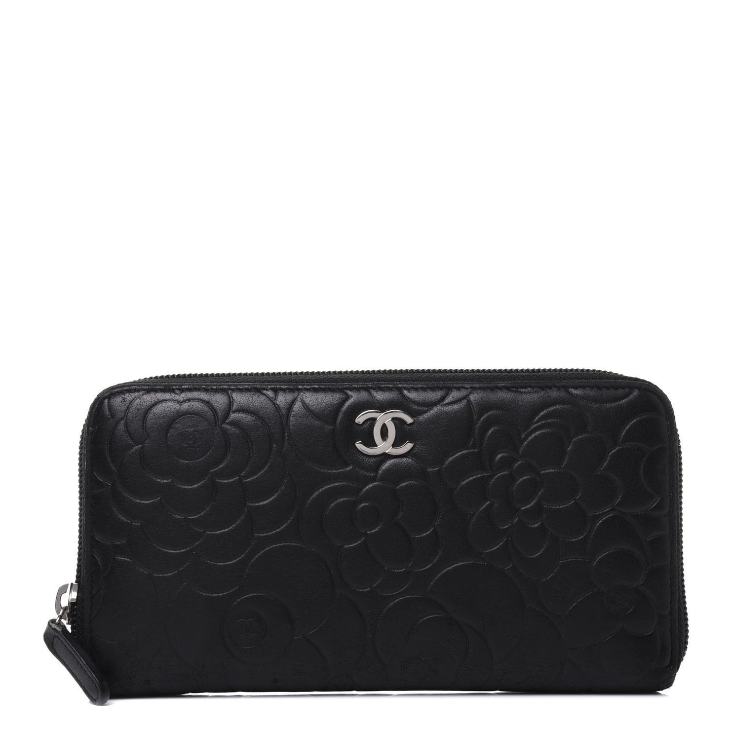 Lambskin Camellia Embossed Large Zip Around Gusset Wallet Black