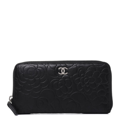 Chanel Lambskin Camellia Embossed Large Zip Around Gusset Wallet Black 1 of 19