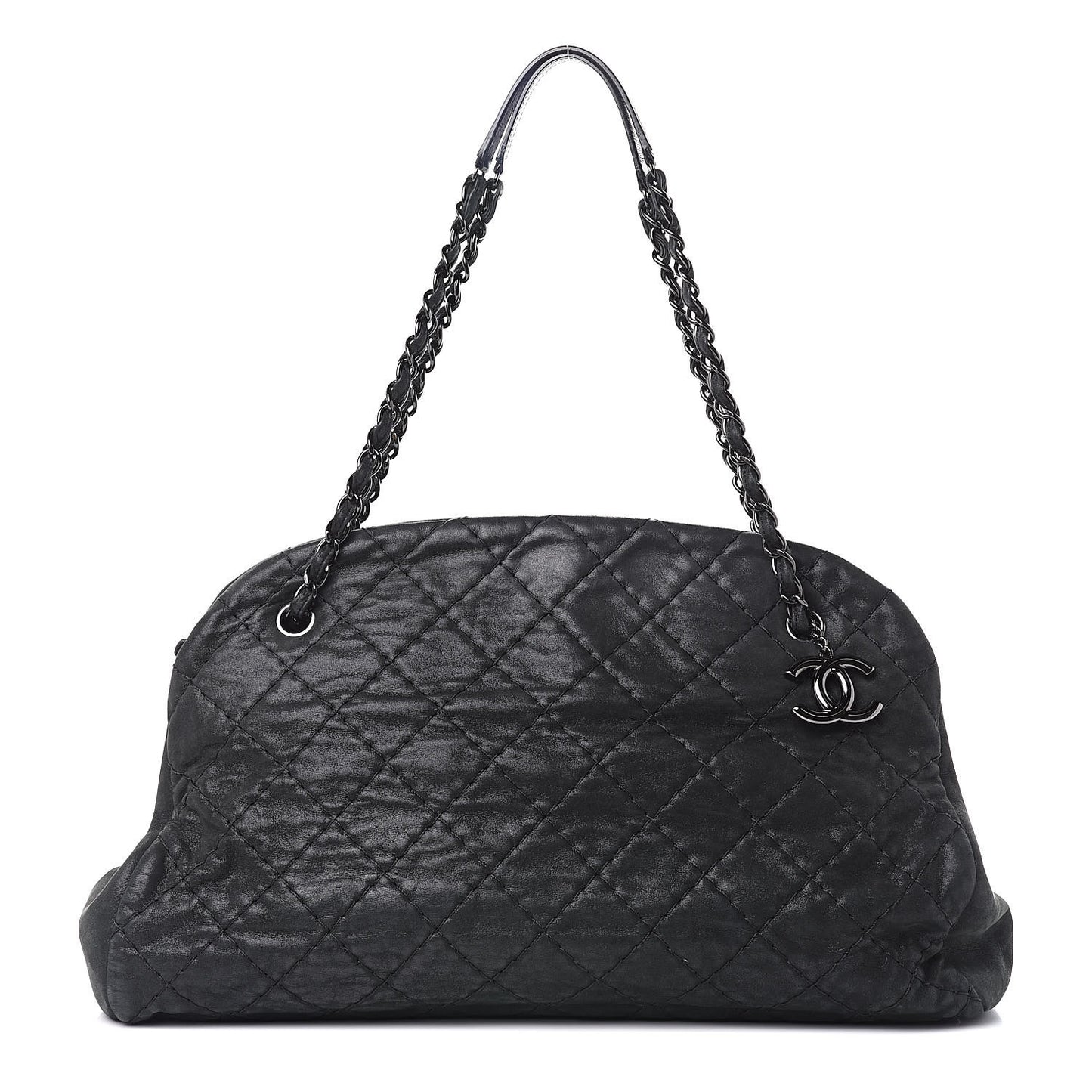 Iridescent Calfskin Stitched Extra Large Just Mademoiselle Bowling Bag Black