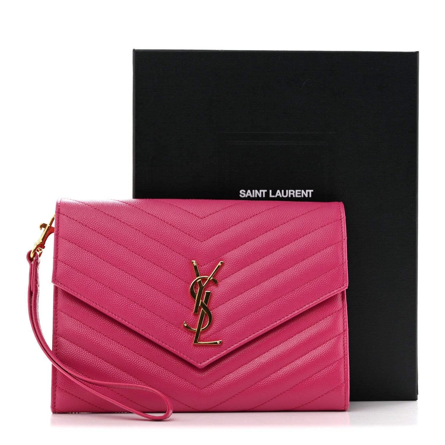 Saint Laurent Grain De Poudre Matelasse Chevron Monogram Envelope Clutch Fuchsia 11 of 11
