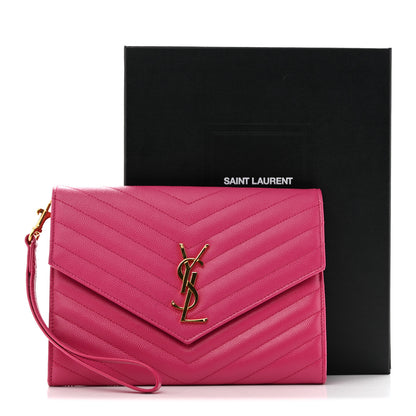 Saint Laurent Grain De Poudre Matelasse Chevron Monogram Envelope Clutch Fuchsia 11 of 11