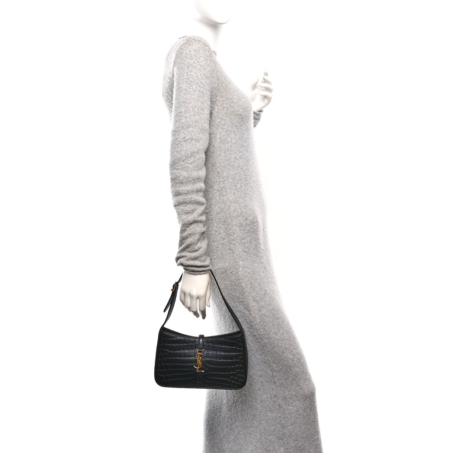 Saint Laurent Calfskin Crocodile Embossed Le 5 A 7 Hobo Black 2 of 10