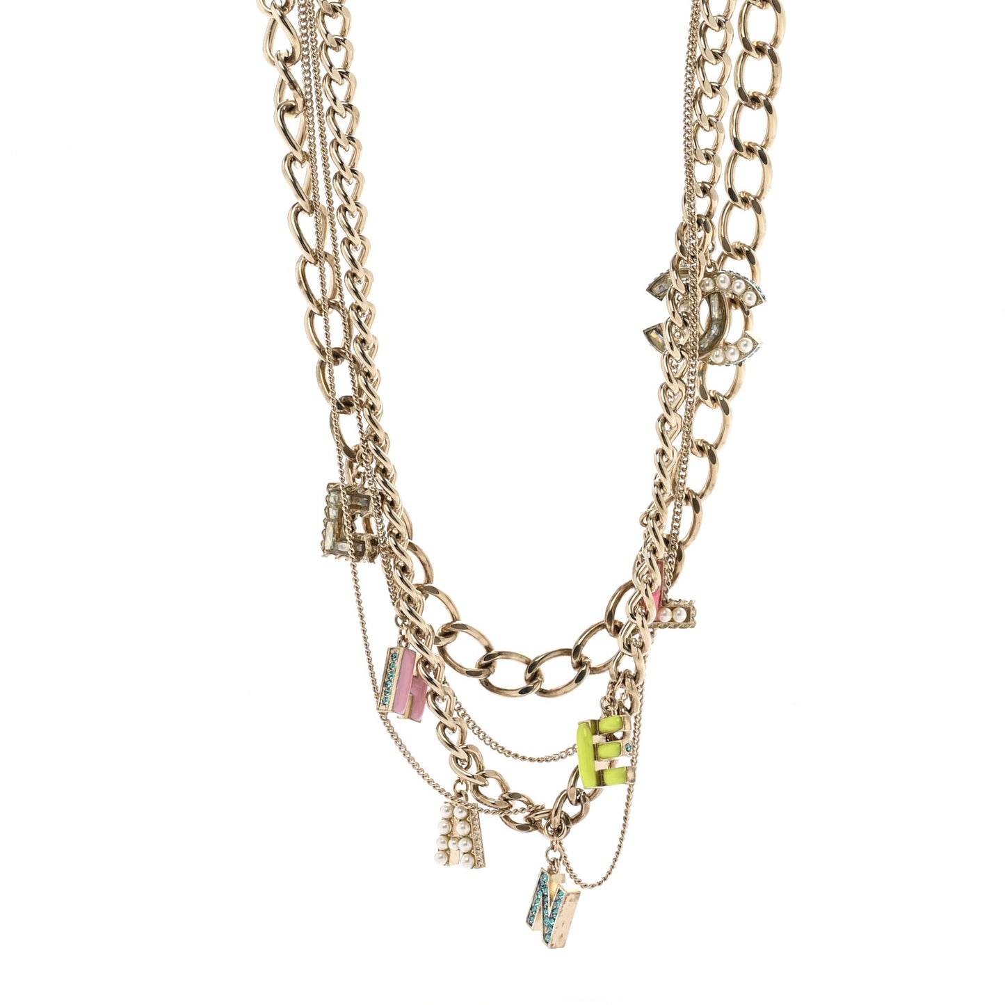 Resin Pearl Crystal Logo Multi Chain Long Express Necklace Gold Multicolor