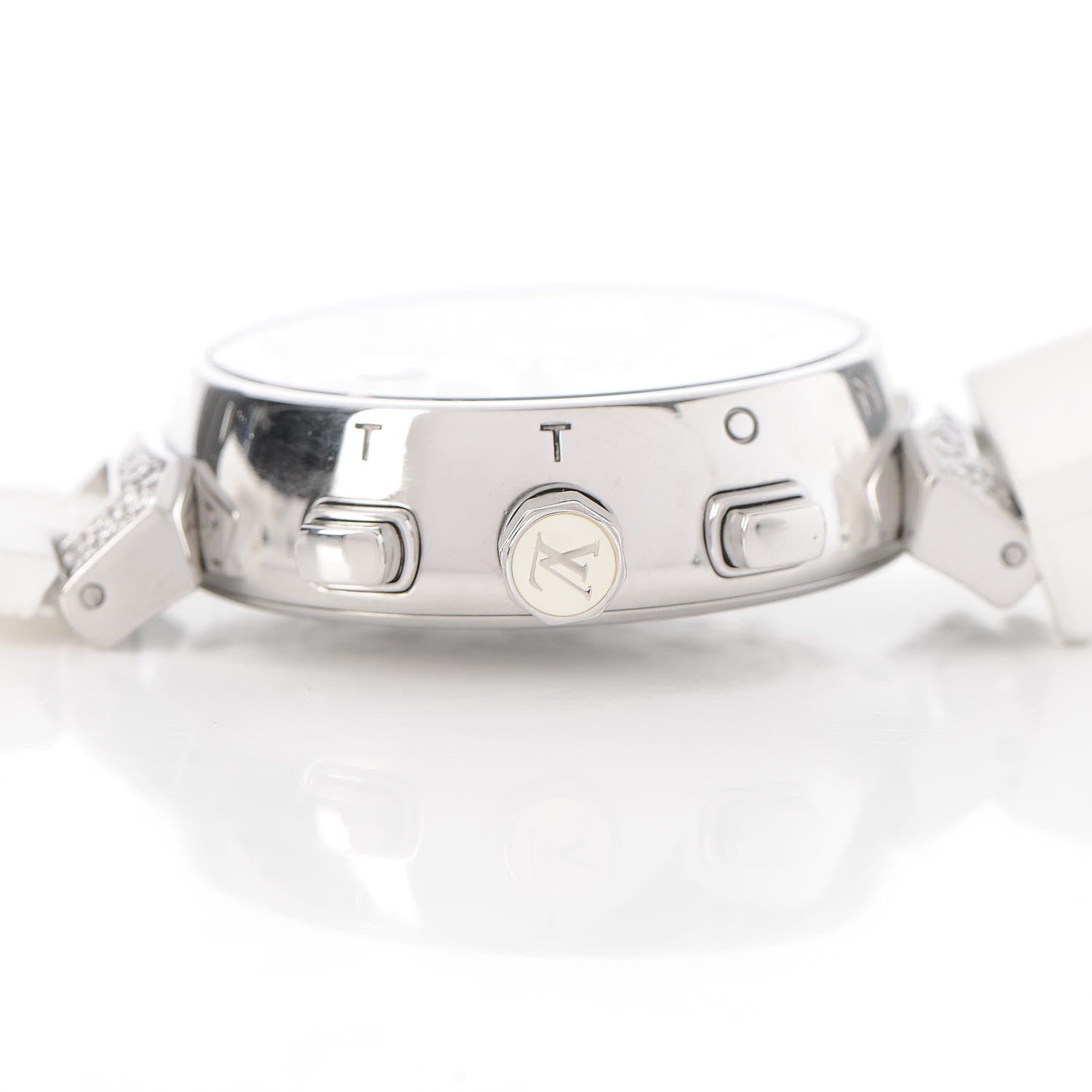 Louis Vuitton Stainless Steel Rubber Diamond Mother of Pearl 34mm Tambour Lovely Cup Quartz Watch 9 of 12