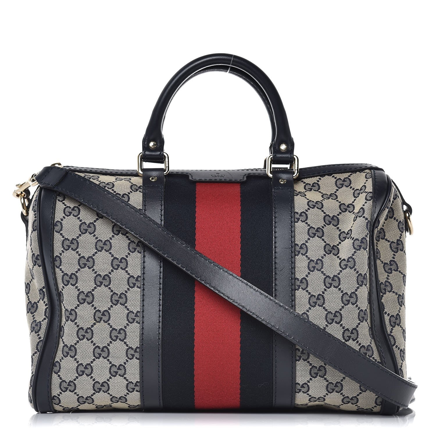 Gucci Monogram Selleria Calfskin Vintage Web Medium Boston Beige Blue 1 of 11