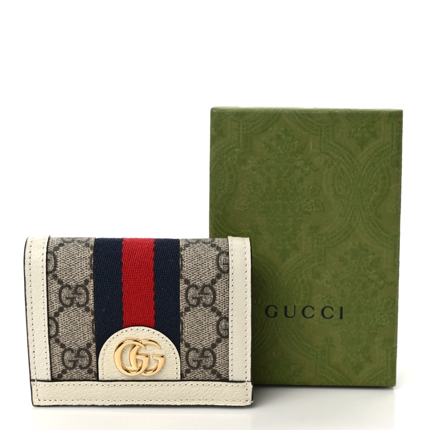 GG Supreme Monogram Textured Dollar Calfskin Web Ophidia Card Case Beige Ebony Mystic White