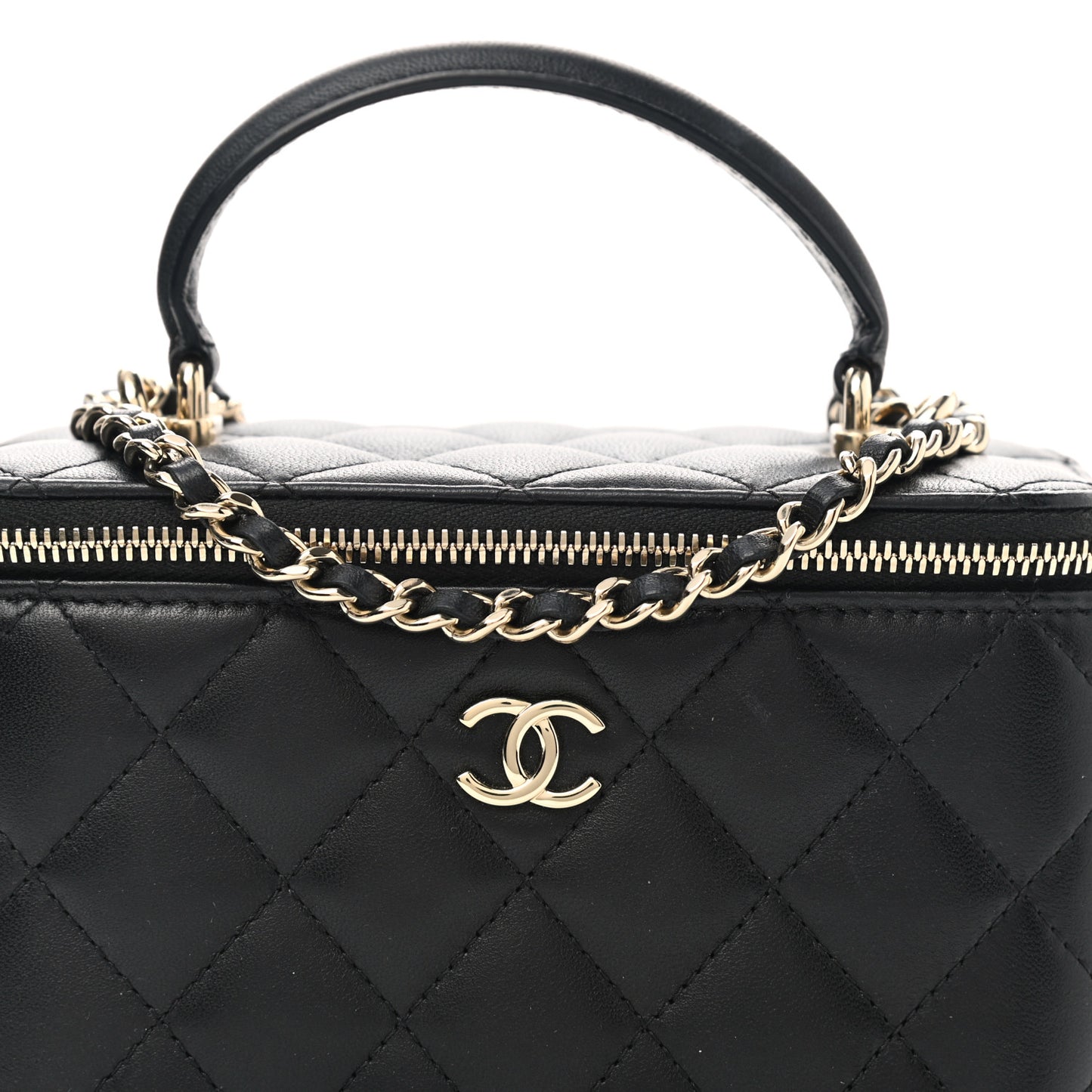 Lambskin Quilted Small Top Handle Vanity Case With Chain Black