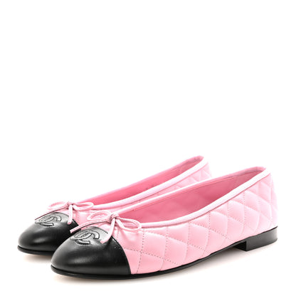 Chanel Lambskin Quilted CC Cap Toe Ballerina Flats 37.5 Pink Black 4 of 10