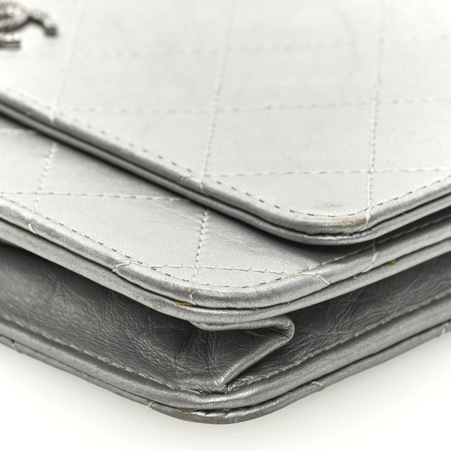 Metallic Aged Calfskin Quilted Wallet on Chain WOC Silver