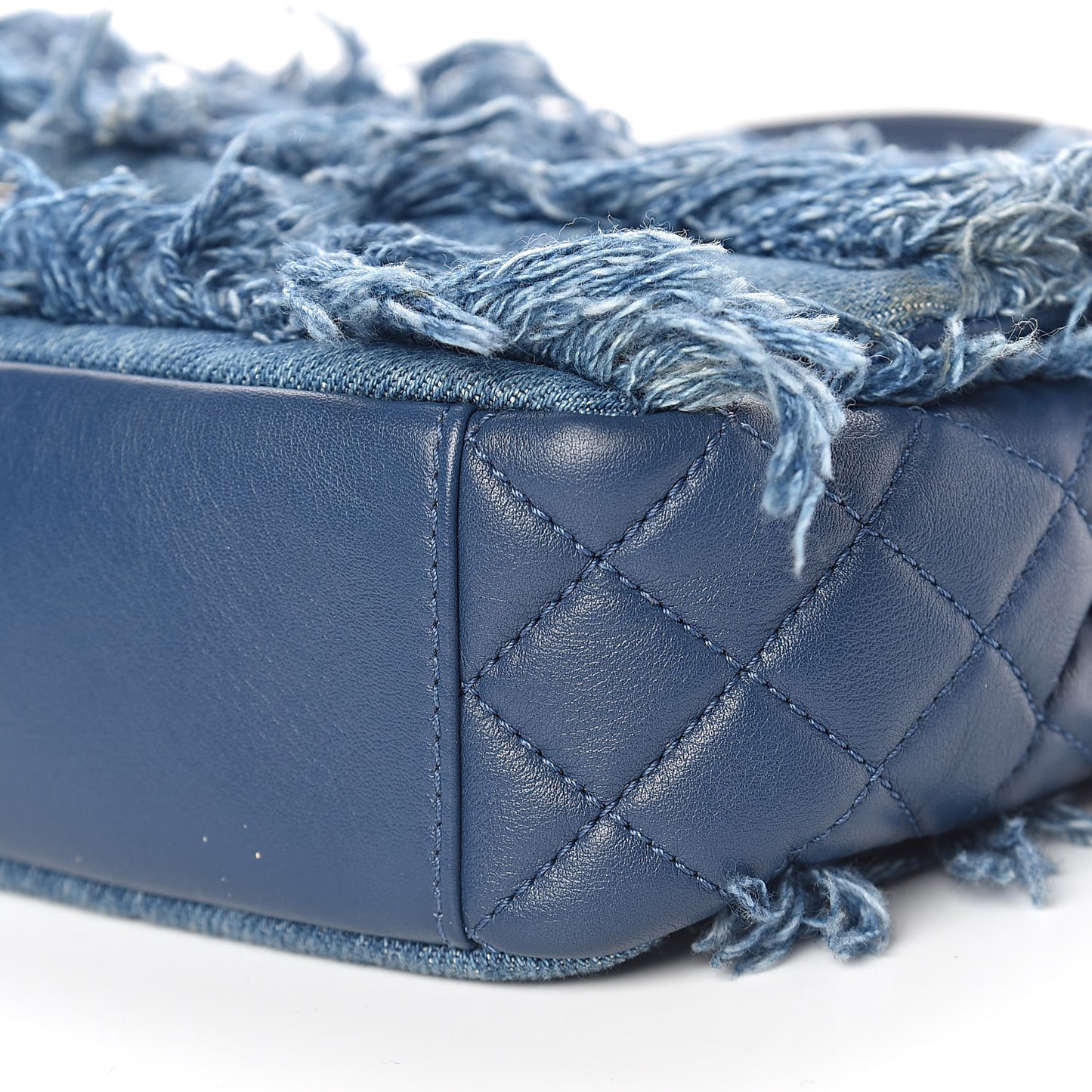 Calfskin Denim Fringe Chains Small Flap Blue