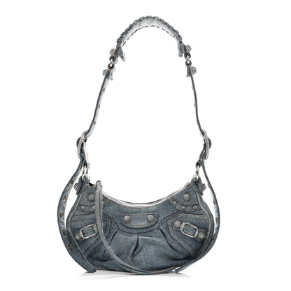Balenciaga Washed Frayed Denim Crystal Le Cagole Shoulder Bag XS Blue 1 of 11