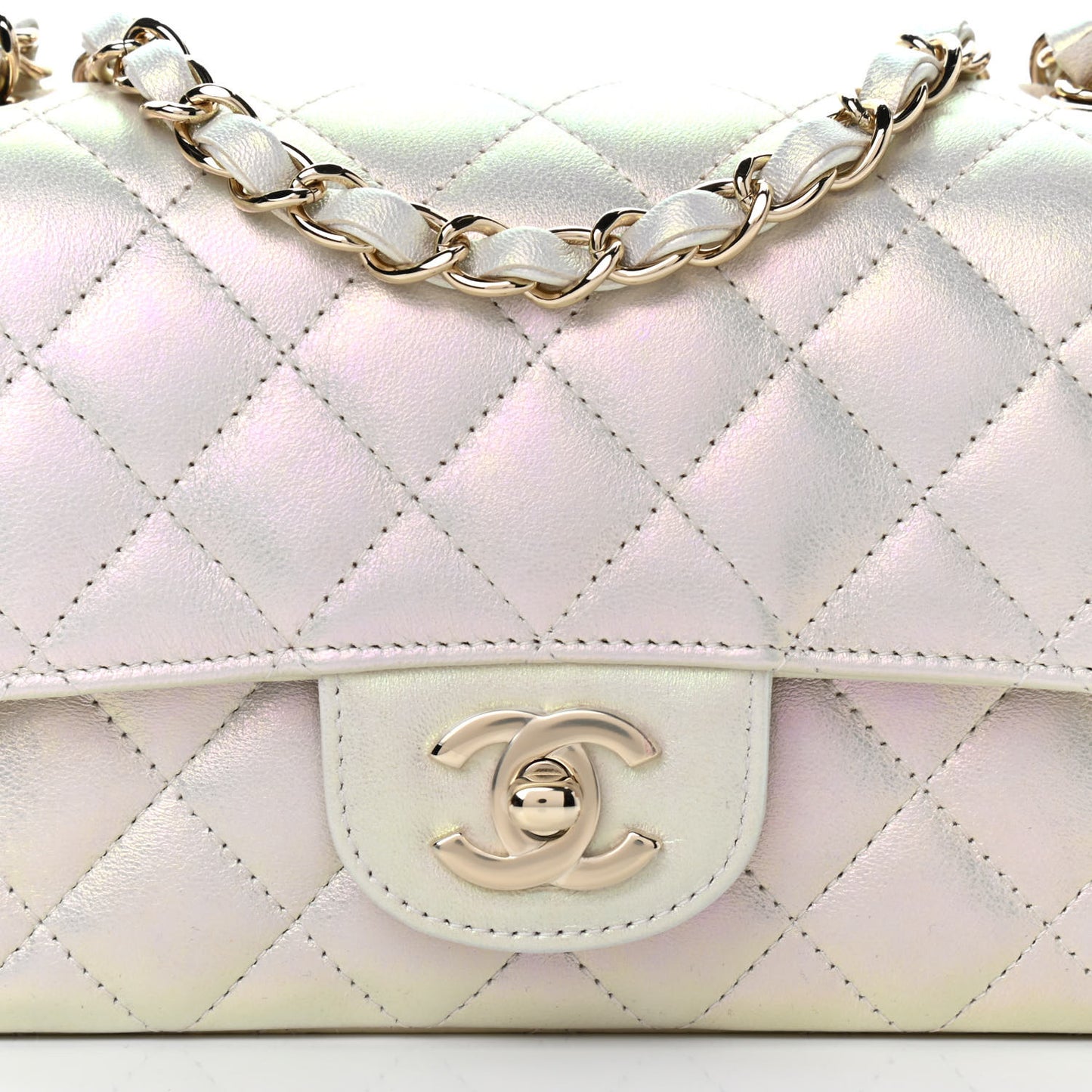 Iridescent Lambskin Quilted Mini Rectangular Flap Ivory