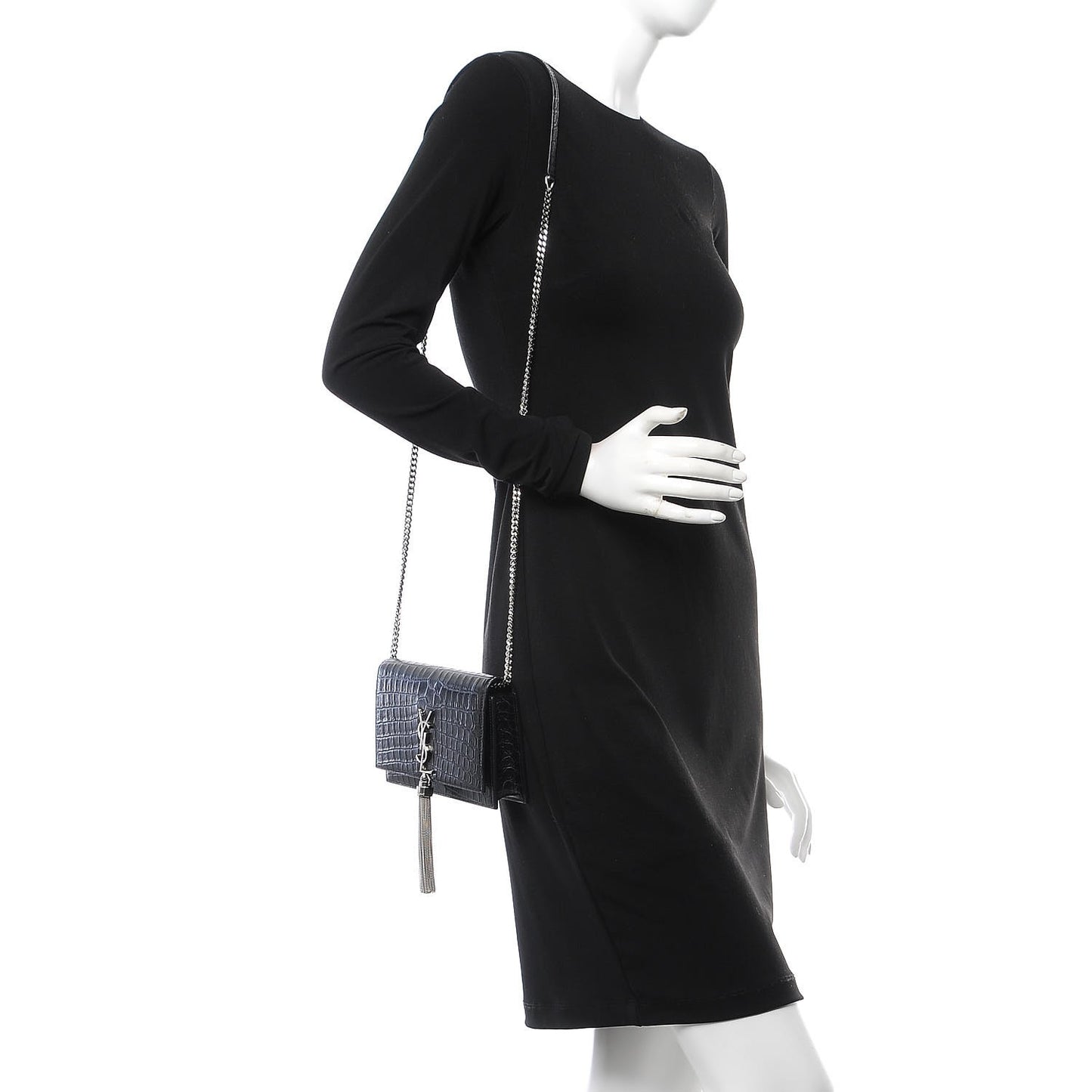 Calfskin Crocodile Embossed Kate Monogram Tassel Chain Wallet Black