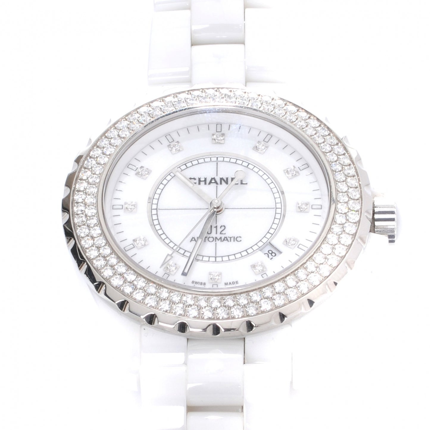 Stainless Steel Ceramic Diamond Pave Bezel 42mm J12 Automatic Watch White