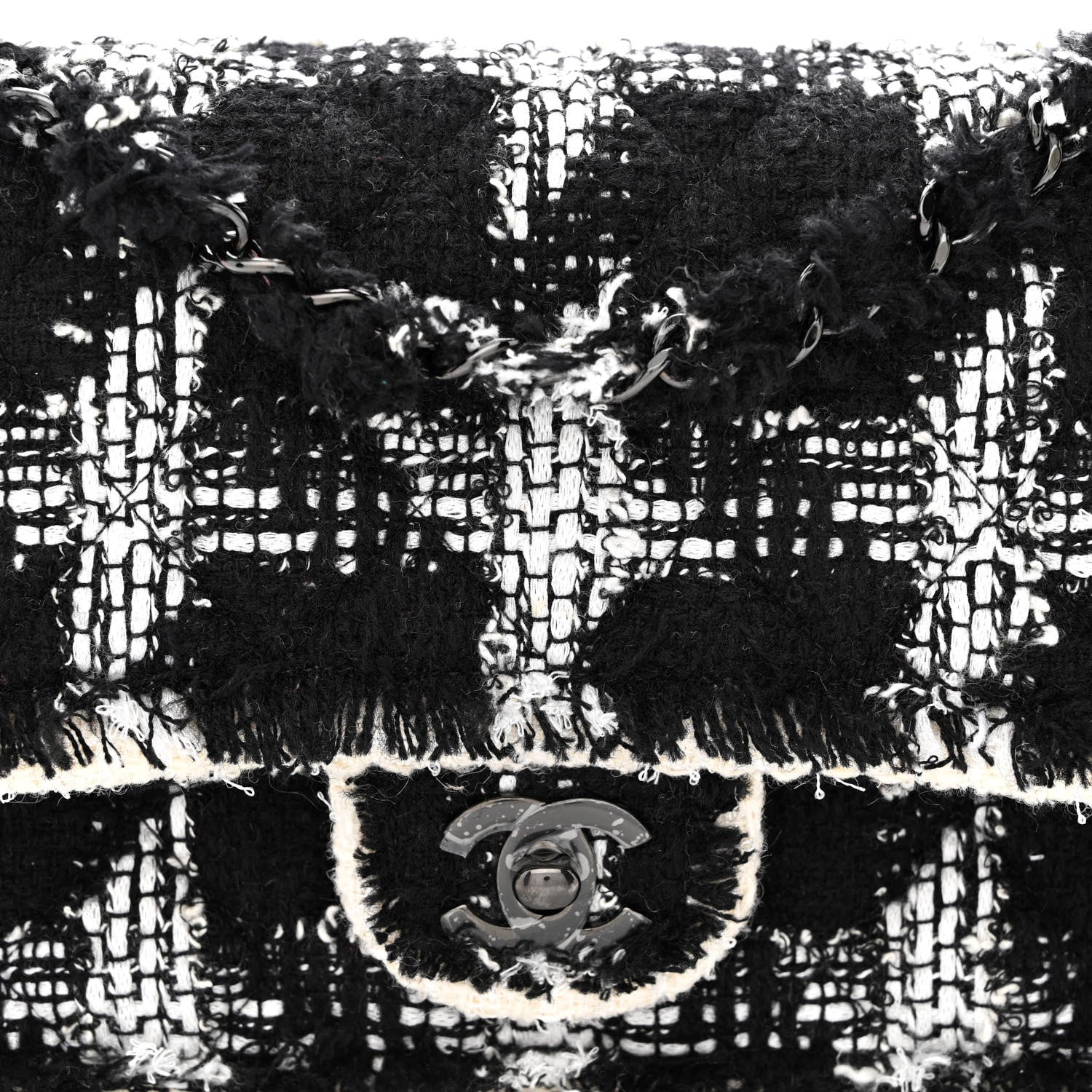 Chanel Tweed Quilted Tartan Medium Double Flap Black White 8 of 10