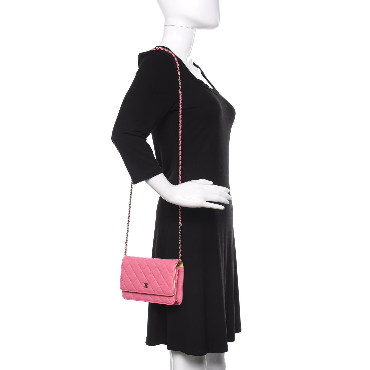 Chanel Lambskin Quilted Wallet On Chain WOC Pink Yellow 2 of 11