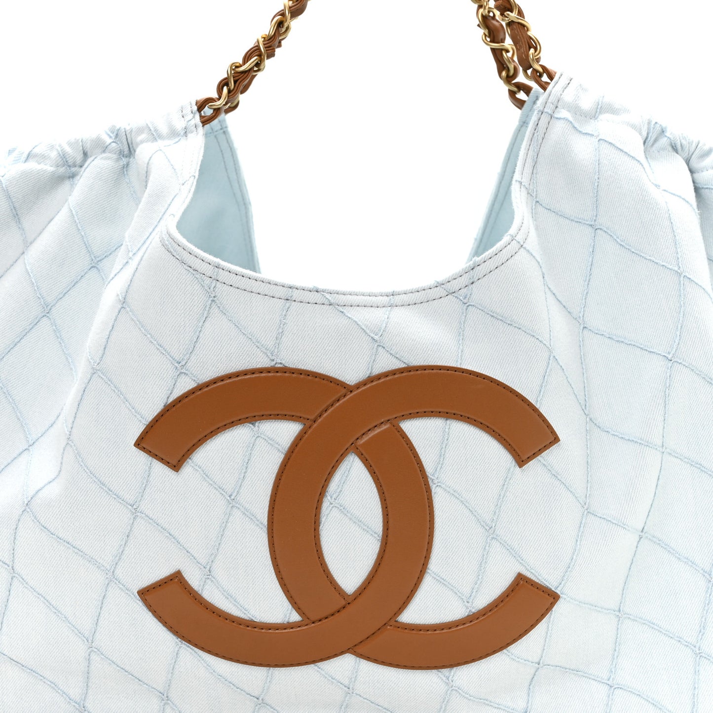 Denim Calfskin Quilted Coco Beach Small Shopping Tote Light Blue Brown