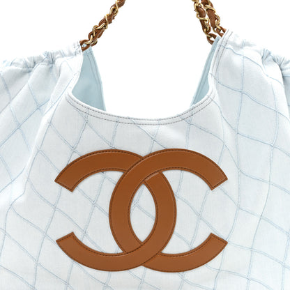 Chanel Denim Calfskin Quilted Coco Beach Small Shopping Tote Light Blue Brown 9 of 11