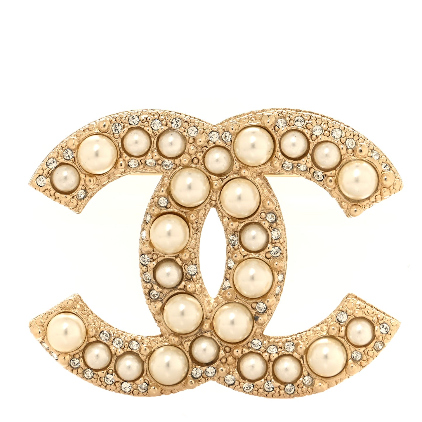 Metal Crystal Graduated Pearl CC Brooch Gold