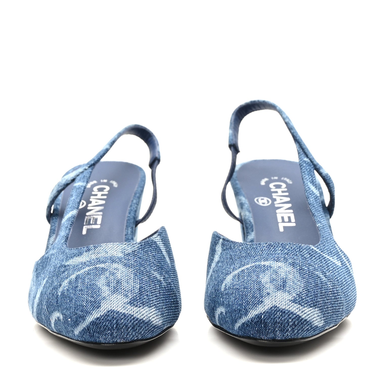Chanel Printed Denim Cap Toe CC Slingback Pumps 38.5 Dark Blue White 2 of 9